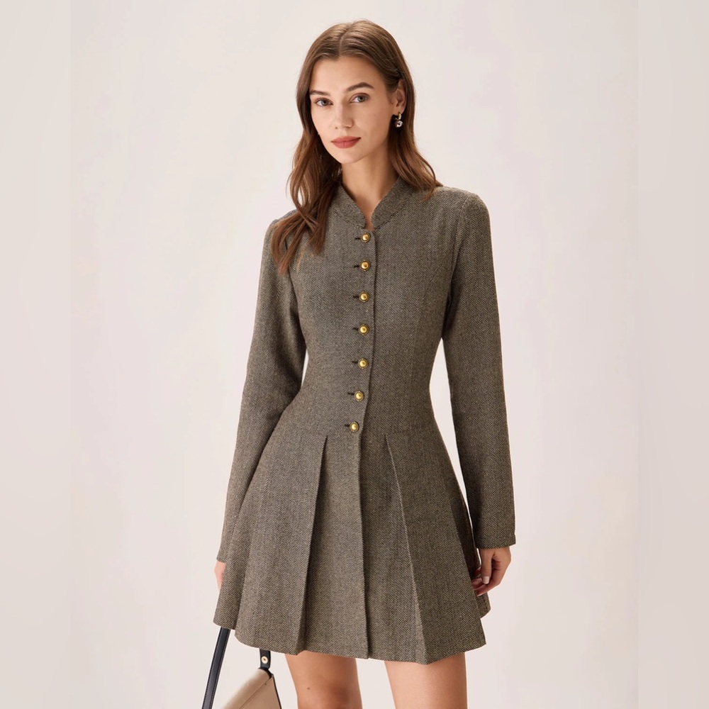 Brown Button Pleated Mini Dress - Picture 1 of 5